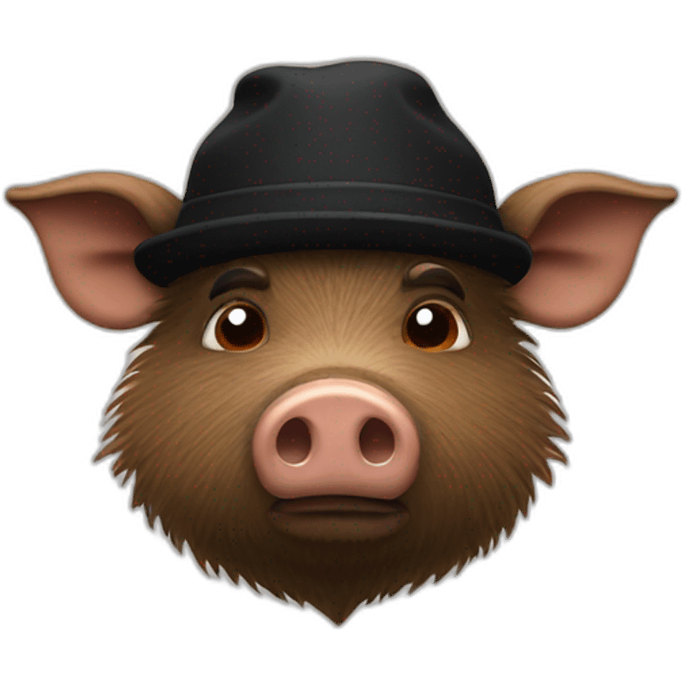 Sad brown stubble boar in a black winter hat emoji