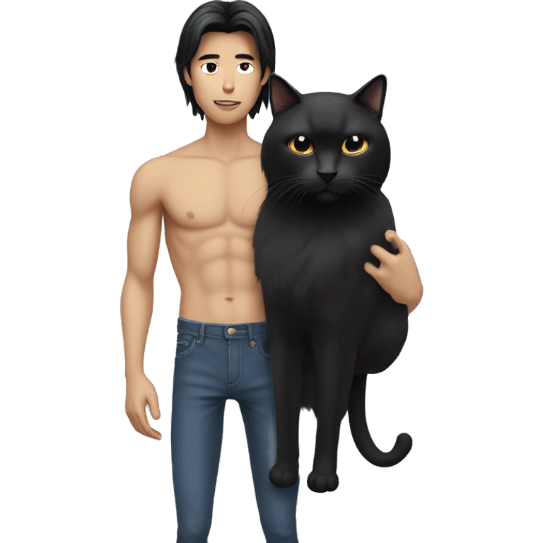 Skinny Model Long hair Asian man with abs holding black cat emoji