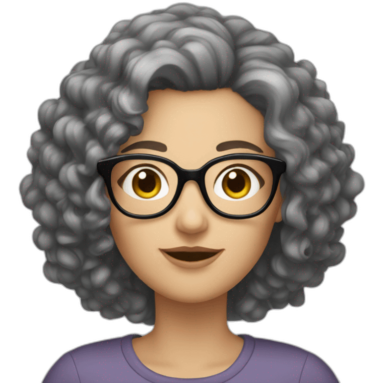 caucasian Woman with black and gray curly hair and glasses emoji