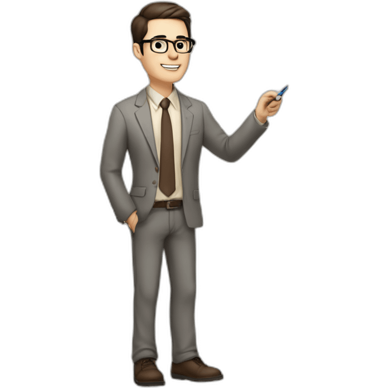 Pale skinned fit man teacher with dark brown hair in gray jacket, beige office shirt, brown tie, brown pants and vintage glasses Writing on the marker board emoji