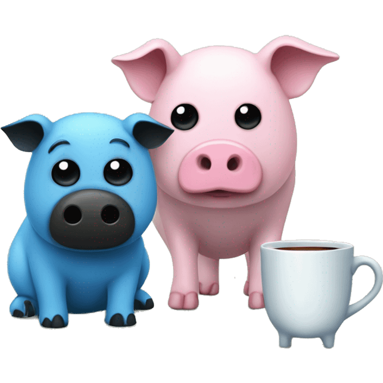 A blue Kala with a white stomach and black eyes and nose having tea with a green pig with black eyes and a pink nose emoji