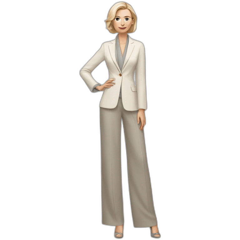 Full height Actively gesturing with hands pale skin woman with ash blonde Straightened bob Hair, White Spacious classical jacket, beige palazzo Arrow pants and gray blouse emoji