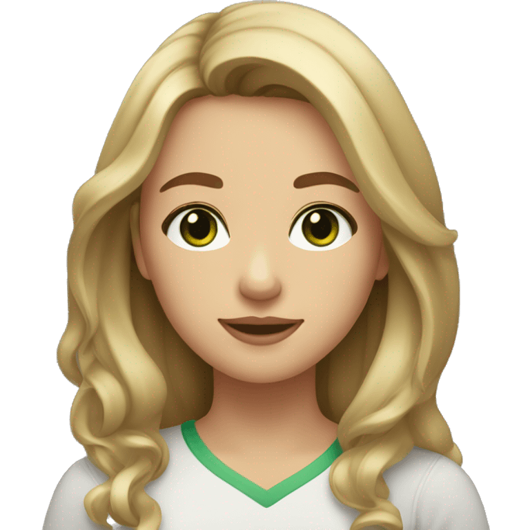 Girl with a round face dark green eyes and mid length hair brown hair with small blonde highlights  emoji