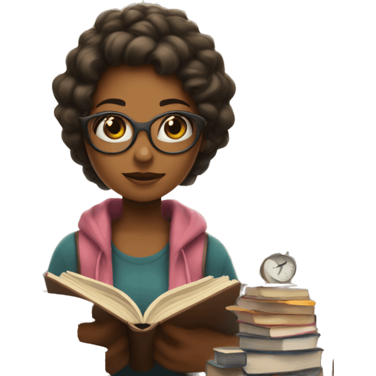 A girl surrounded by books and a to read list and a clock emoji