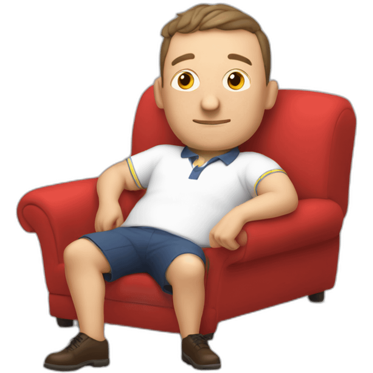 tim robinson very tired laying down on a red couch in a white polo shirt, chest up clean shaven emoji