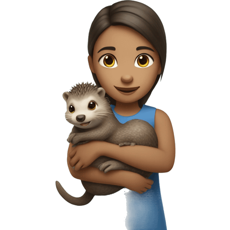 girl with blue eyes holds otter and hedgehog in her arms emoji