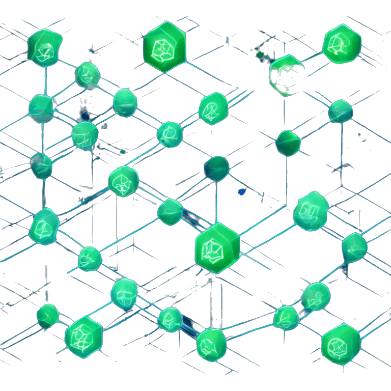 The image shows a blockchain network with interconnected blocks glowing blue and green on a dark blue background. The links between blocks are marked with bright lines, and digital elements such as binary code and network nodes have been added. emoji