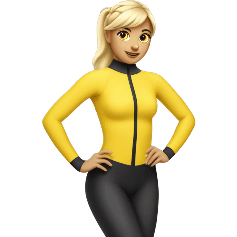 A hot and beautiful cartoon girl with blonde hair with straight bangs tied up with a pretty ponytail wearing a yellow long sleeved sleeves wetsuit emoji