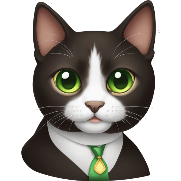 Dark brown Tuxedo cat with green eyes emoji