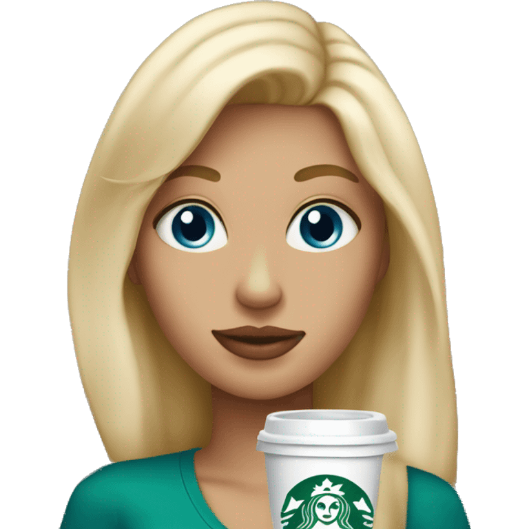 blonde girl blue eyes with Starbucks cup drink emoji