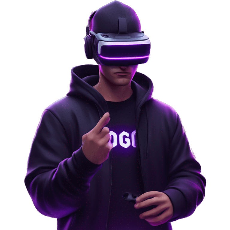 Russian man wearing a black hoodie with "OMG" letters on it and VR headset in a cyberpunk VR environment with violet neon lighting. emoji