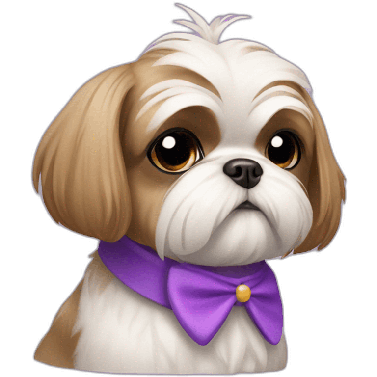 shihtzu dog wearing a bun and a pueple collar emoji