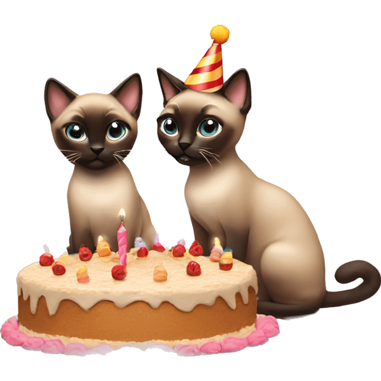 two siamese cats at a birthday party eating cake emoji