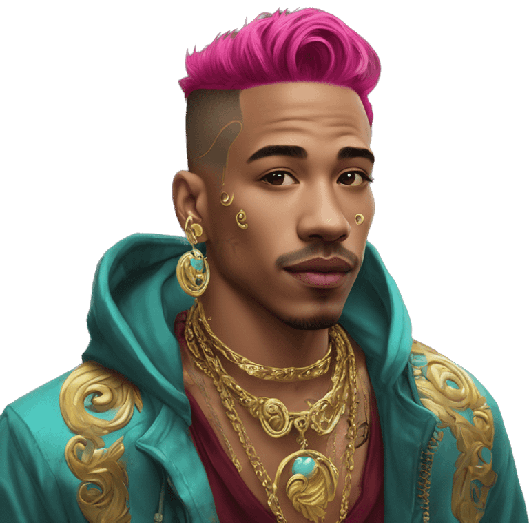 Vintage patina intricate swirls gold jewellery baroque golden raven tropical Deep pink maroon burgundy cyan dark hoodie man vitiligo dyed hair gold piercings nose piercing ear piercings emoji