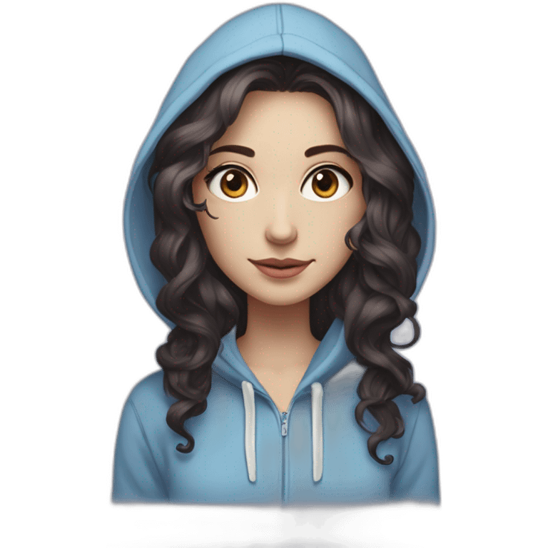 Full length girl in a purple hoodie with large light blue eyes and white skin and long curly black-brown hair with high aristocratic cheekbones emoji