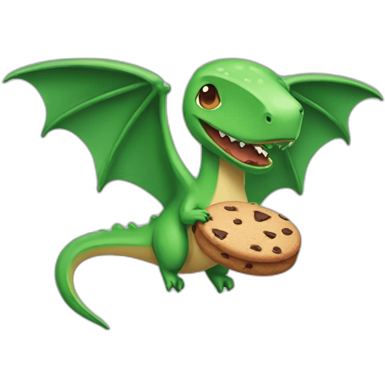 Cute green pterodactyl holding a chocolate cookie emoji