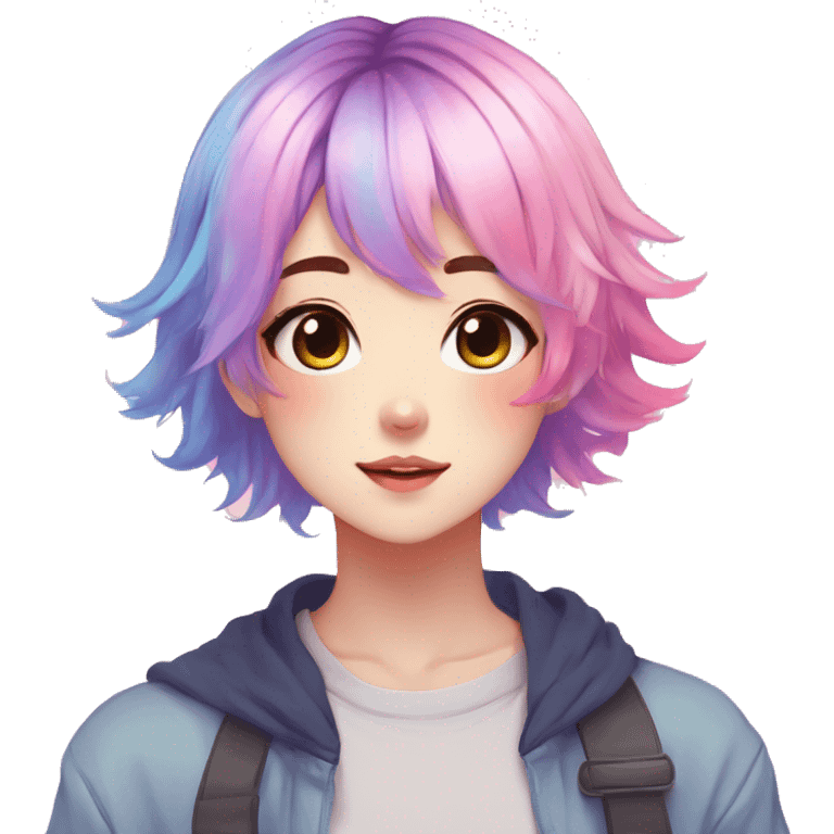 Gorgeous anime style tomboy with blushing face aesthetic and pretty colorful shiny gradient pastel hair trending style emoji