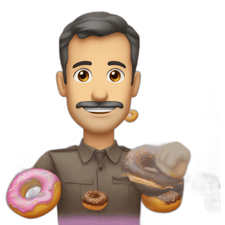 Señor calvo comienzo donuts con una cámara de fotos emoji