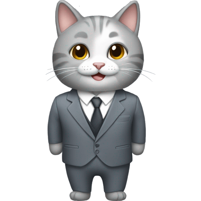 un gato gris con traje y sonriendo emoji