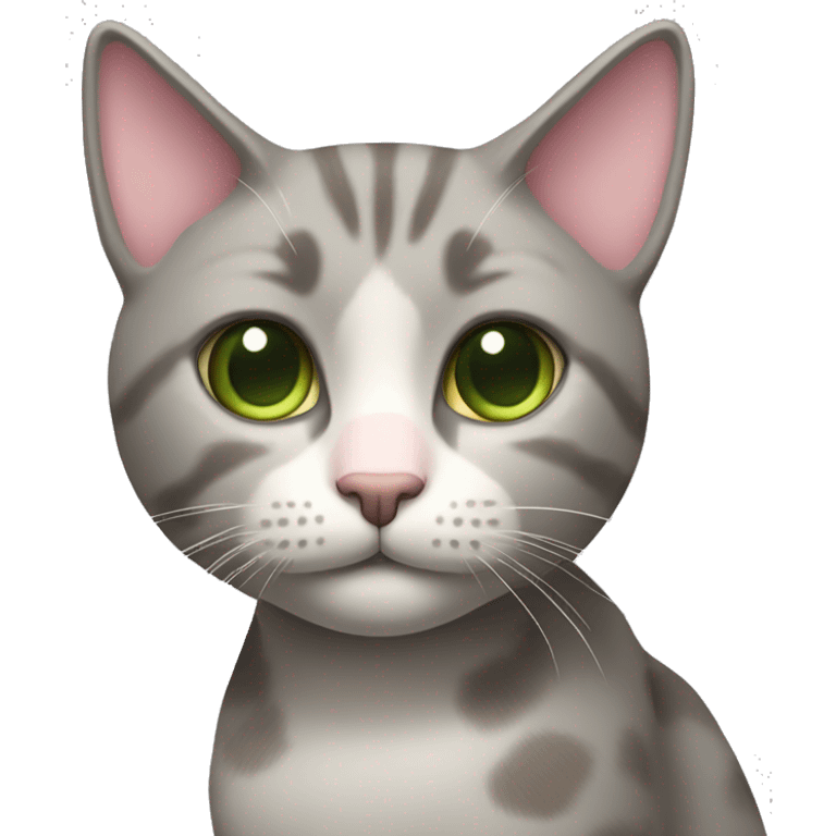 grey and tan cat with cream pattern on her forehead. Green eyes and a pink nose emoji