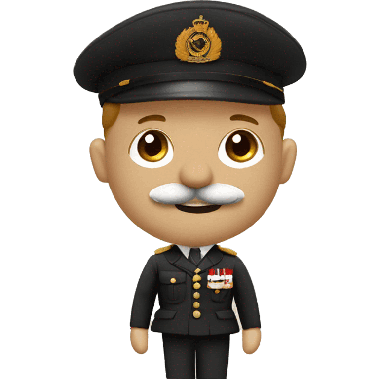 Charlie chaplin with block mustache but without hat, black sideways combed hair and brown classical 1936 dutch military uniform and red white soccer captains upper armbracelet looking fiercefully emoji