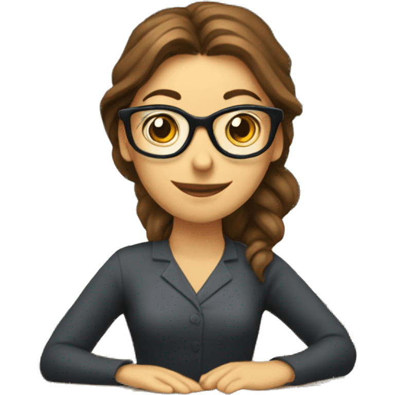 teacher, blue eyes, brown hair, ponytail woman, in front of blackboard, glasses emoji