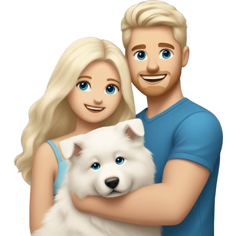 a blonde girl with long hair and blue eyes together with a blonde guy with brown eyes are holding a Samoyed puppy in their arms emoji