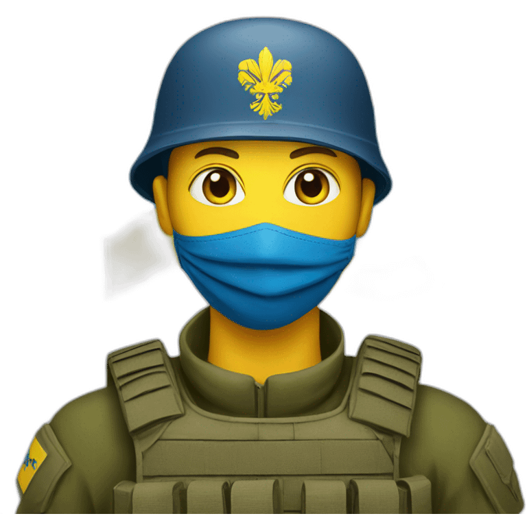 ukrainian soldier face in a mask with a ukrainian flag on the backgroun emoji