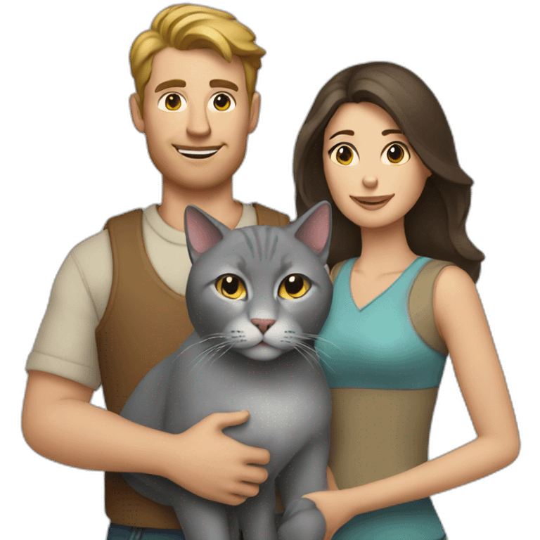 white man and brunette woman with a big gray cat in their arms emoji