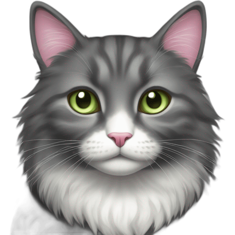 fluffy dark grey cat, small ears, pink nose, light green eyes, white long whiskers, white spots near the nose, white breast, the cat's fur is soft. emoji