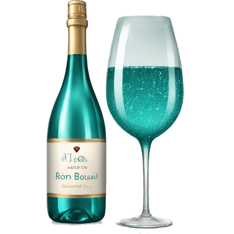 Realistic sparkling diamond glam bottle of teal Wine and matching long stem wine glass. emoji