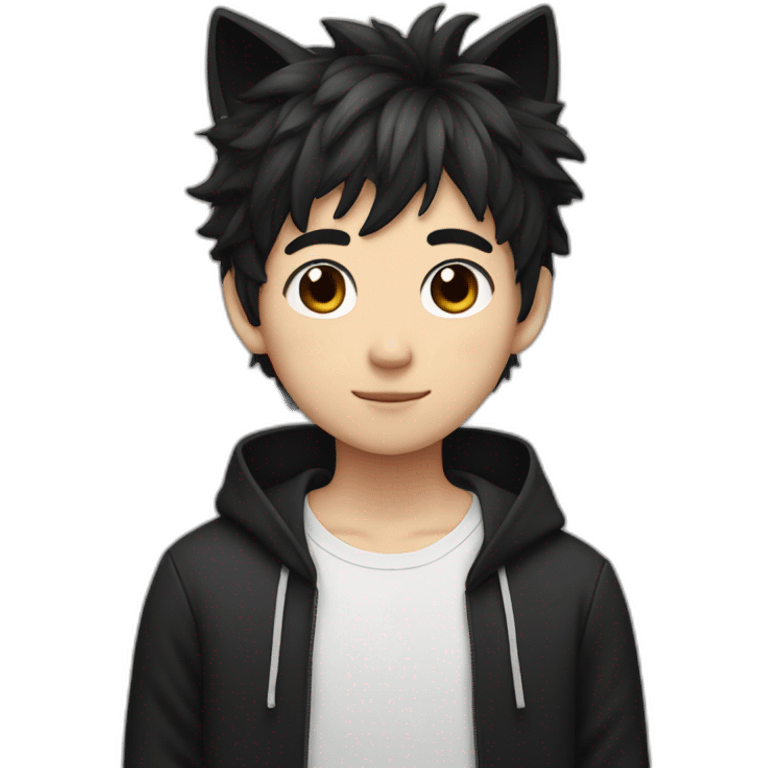 Japanese boy, with black cat ears and cute fluffy hair in black emoji