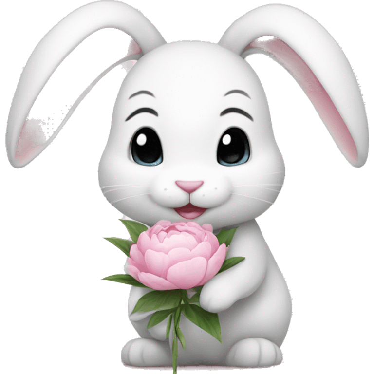 cute white bunny holding light pink peonies emoji