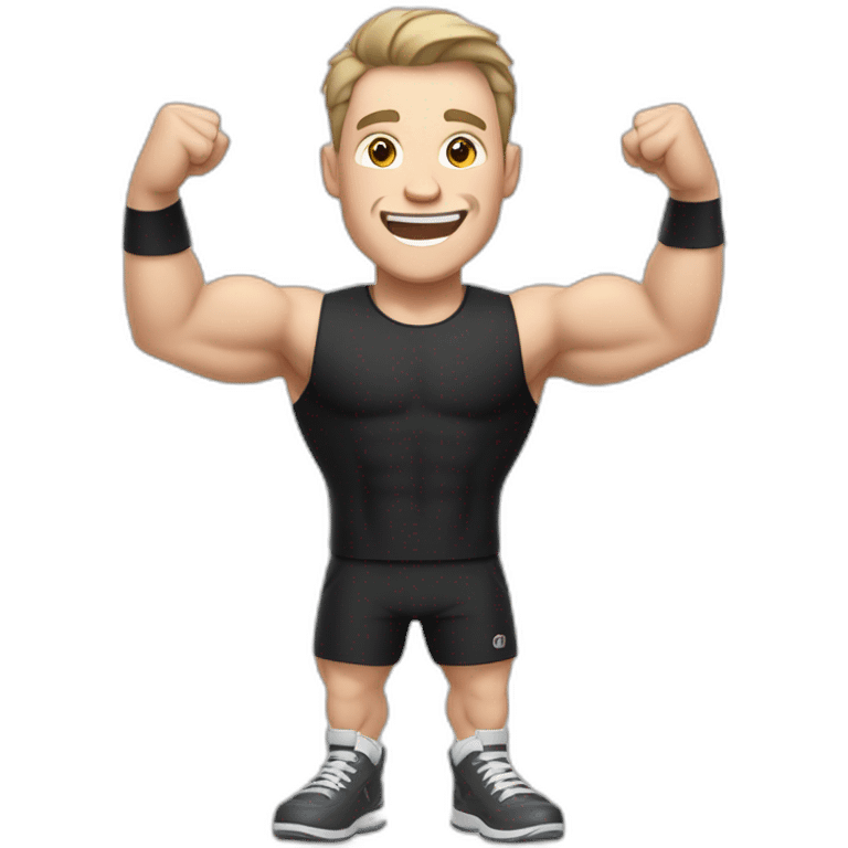 Joyful Celebrating victory Pale skinned Fit Man With the biceps and dark brown hair in black shirt, gray sports shorts and white Sneakers emoji