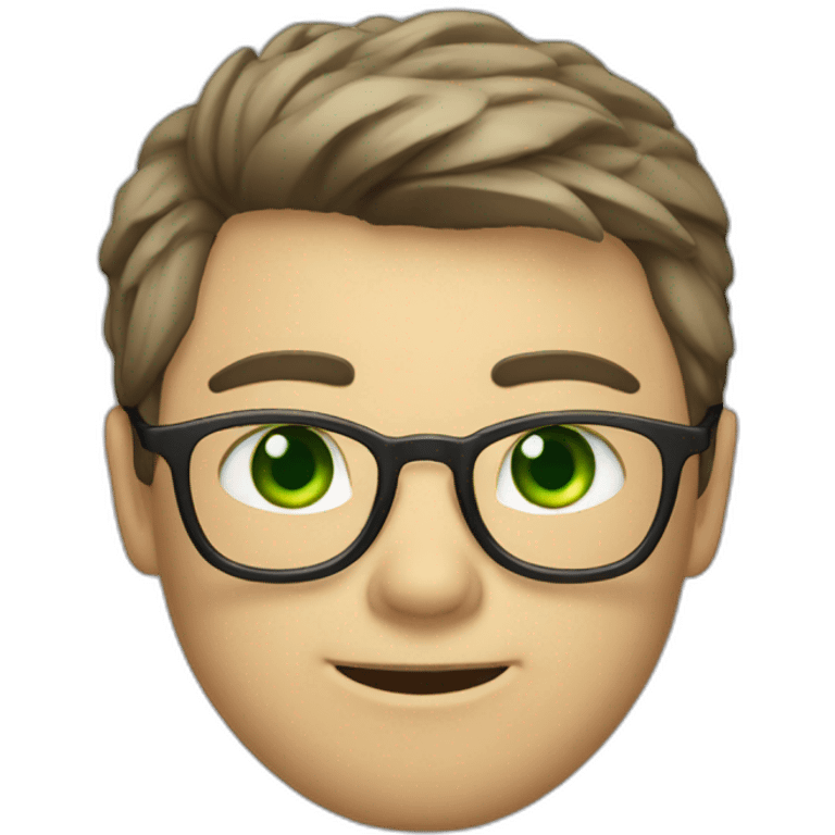 Chatty man, short hair, small thin glasses, green eyes, with dark sweet, geeky emoji