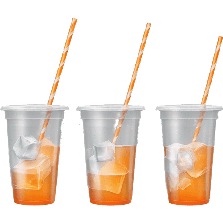 Realistic plastic cup and lid with Transluscent orange soda and large ice cubes inside and one straw through the top of the lid. emoji