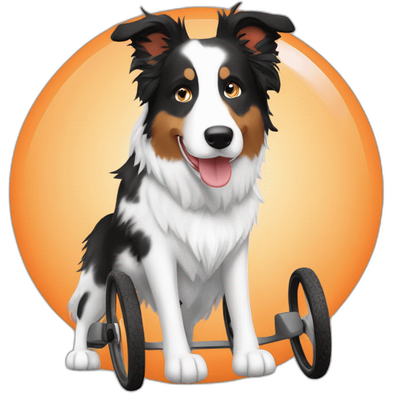 white and wheat speckled face red merle border collie in orange wheel chair emoji