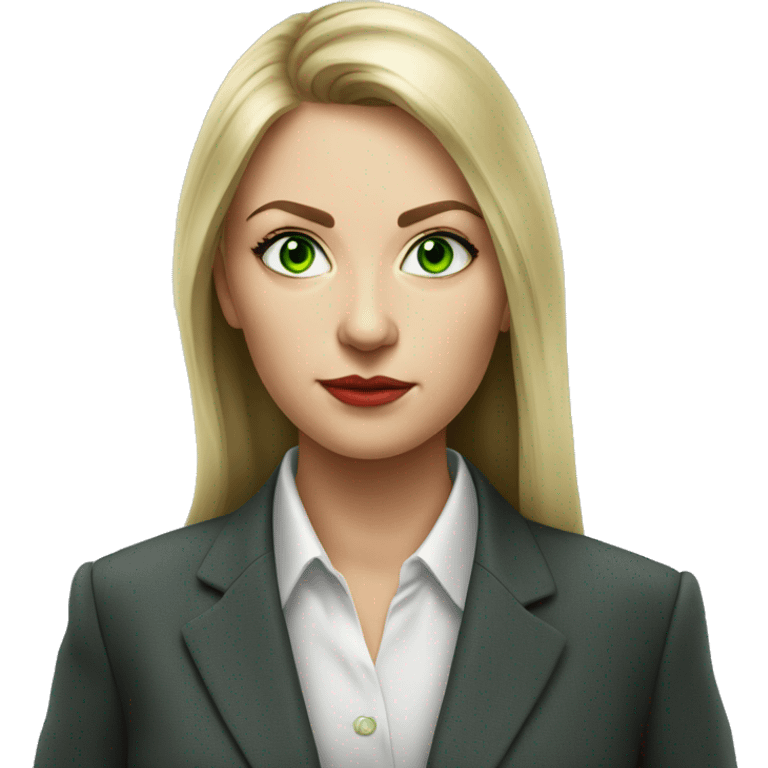 Russian woman with green eyes full length in suit photorealistic serious emoji