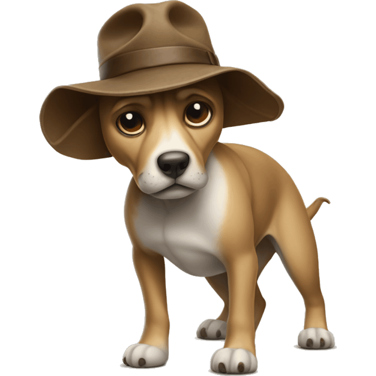 A slouched dog bows in a hat like on Indiana Jones emoji