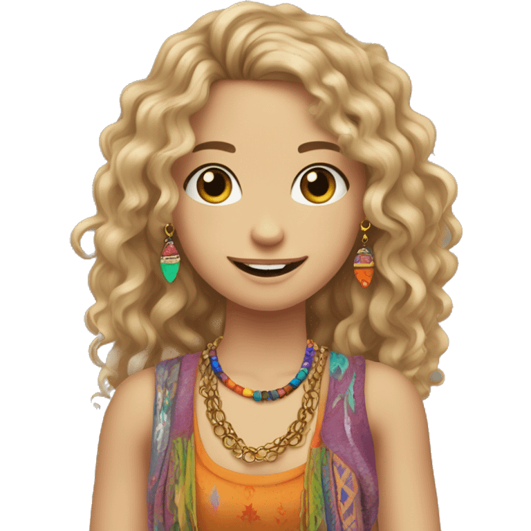 Caucasian hippie girl with curly dirty blonde hair, hazel eyes, baggy colorful pants and a tank top, lots of bohemian bracelets and jewelry emoji