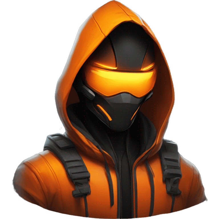  developer behind his laptop with this style : crysis Cyberpunk Valorant orange glowing bright orange character orange black hooded assassin themed character emoji