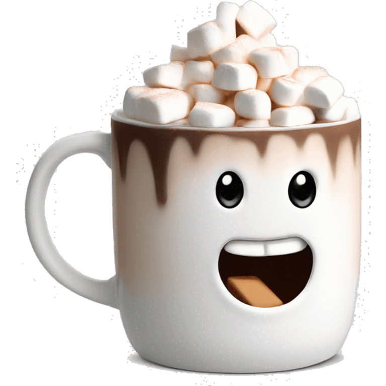 A hot chocolate in a white winter theme mug and lots of cream and marshmallows  emoji