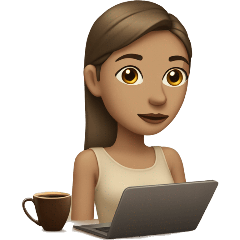 Half face of a girl at the laptop. A a cup of coffee on the left side of the table. Books on the right side. in beige tones emoji