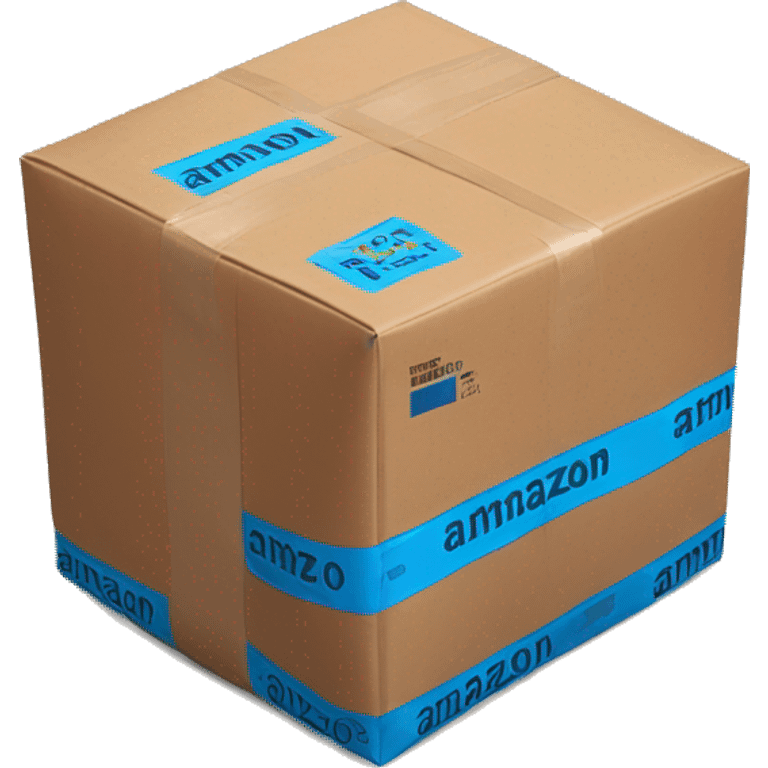 a brown package taped with blue and black tape, with the amazon prime logo on the side  emoji