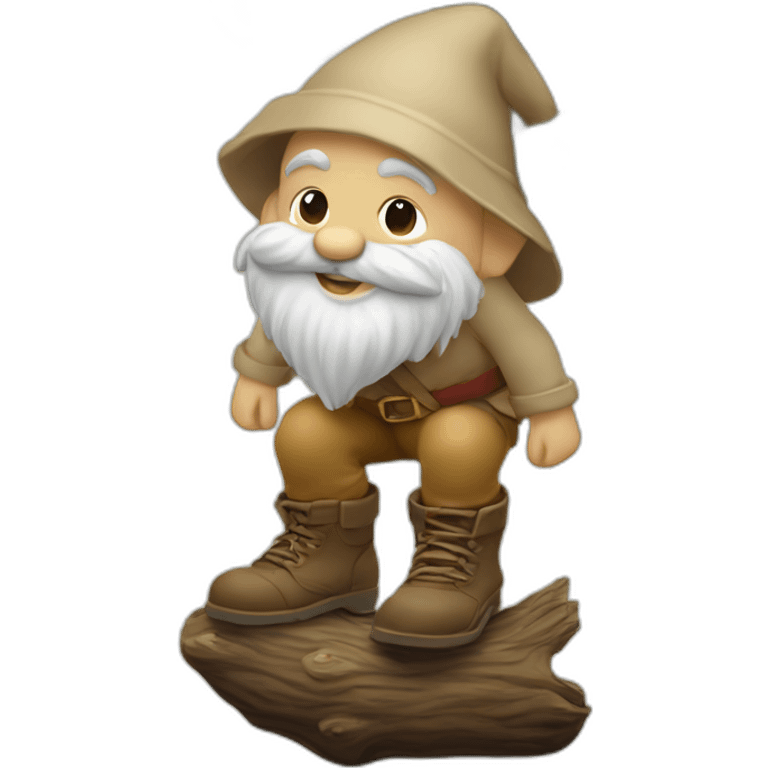 side view of gnome with light tan pants and light tan boots squatting on top of small brown log emoji