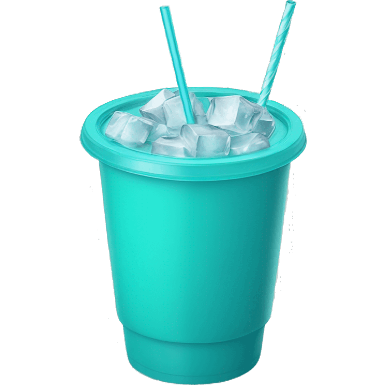 Realistic plastic cup and lid with Transluscent turquoise and large ice cubes inside and one straw through the top of the lid. emoji