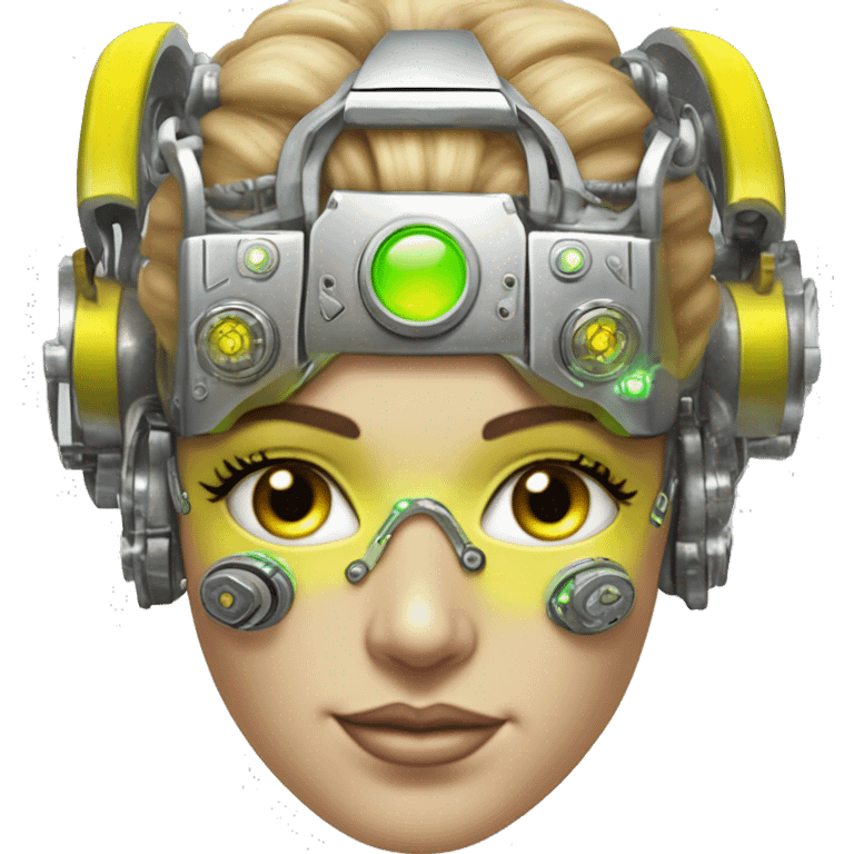 Caucasian female cyborg head with Neon yellow bobbed hair, silver steampunk goggles and circuits emoji