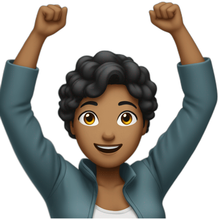 black hair white woman celebrating with arms up emoji