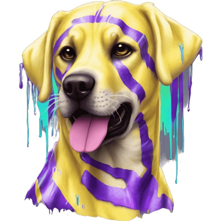 .Zombie_ Vaporwave black holographic oilslick zombie yellow Labrador zombie dog yellow caution tape graffiti stripes iridescent blue purple mane yellow stripes emoji