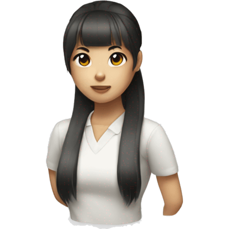 Asian girl with bangs and ponytail, white shirt  emoji